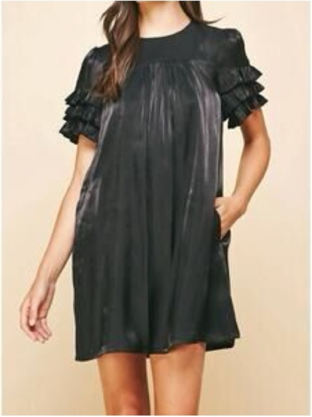 PINCH Sadie Satin Black Ruffle Sleeve Mini Dress Large Flowy Babydoll